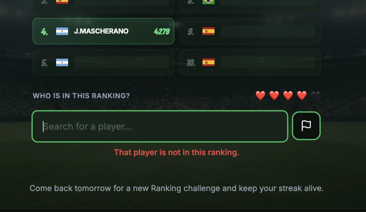 Ricerca giocatore e conferma in Ranking